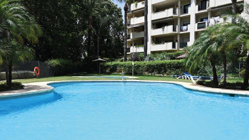 Communal swimming pool surrounded by gardens and palm trees