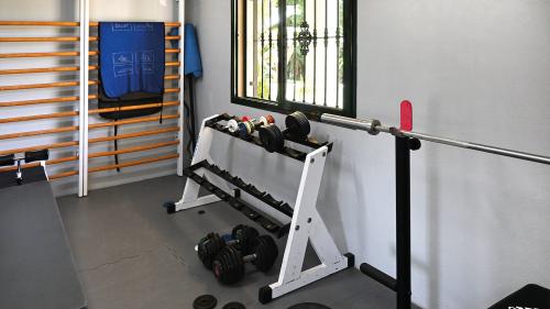 Gym area with wall bars, dumbbells and barbell rack